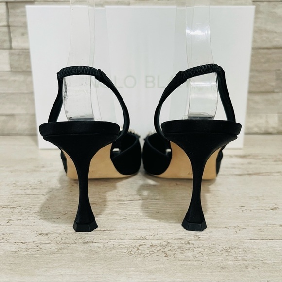 Manolo Blahnik Fiboslac Black Satin Swarovski Crystal Slingback 70MM Pumps SZ 37 - Picture 8 of 14